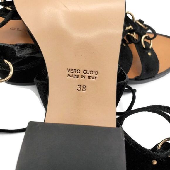 Club Monaco Jonet Black Suede Gold Rings Lace-Up Ankle Wrap Block Heel Sandals - Picture 10 of 12